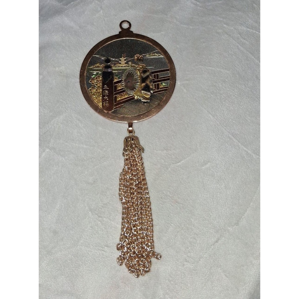 Vintage Japanese Damascene Style Pendant Geisha Scene Tassel 8.25"